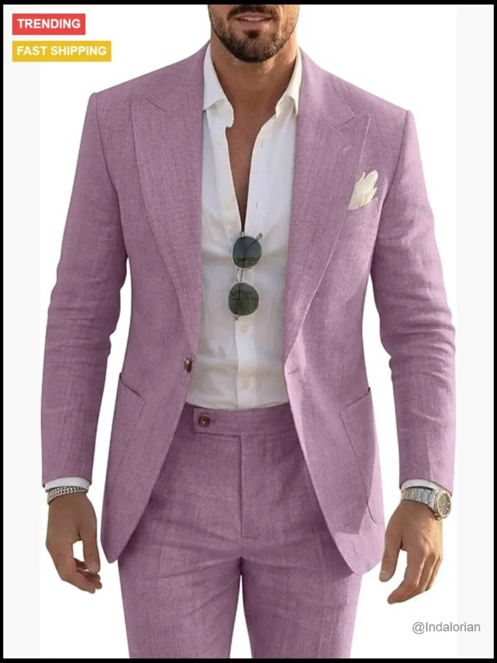 Men's Linen 2 Piece Suit Set Slim Fit Jacket & Dress Pants Beach Wedding